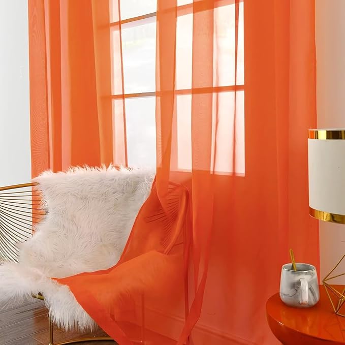 SpaceDresser Burnt Orange Sheer Curtains 4 Panels Rod Pocket Semi-Sheer Curtain 108 Inches Long Light Filtering Voile Window Drapes for Bedroom Living Room Kitchen, Each 52W x 108L
