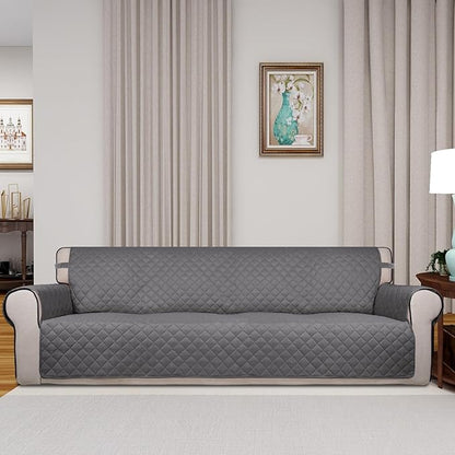 PureFit Reversible Quilted Sofa Cover, Water Resistant Slipcover Furniture Protector, Washable Couch Cover with Non Slip and Elastic Straps for Kids, Dogs, Pets (4 Seater Sofa, Gray/Ivory)