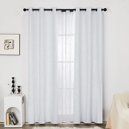 Deconovo Room Darkening Curtains, White Curtain, Thermal Insulated Soundproof Drapes, Silver Wave Dot Print, 42 x 63 Inch Long, Grommet Machine Washable Window Panels for Bedroom Living Room, Set of 2