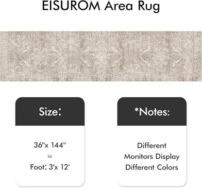 Washable 3x12 Runner Rug - Non-Slip Vintage Runner Rug for Entryway Low-Pile Medallion Long Rugs for Hallway Waterproof Traditional Runner Rugs Indoor Thin Rug for Kitchen (Beige)
