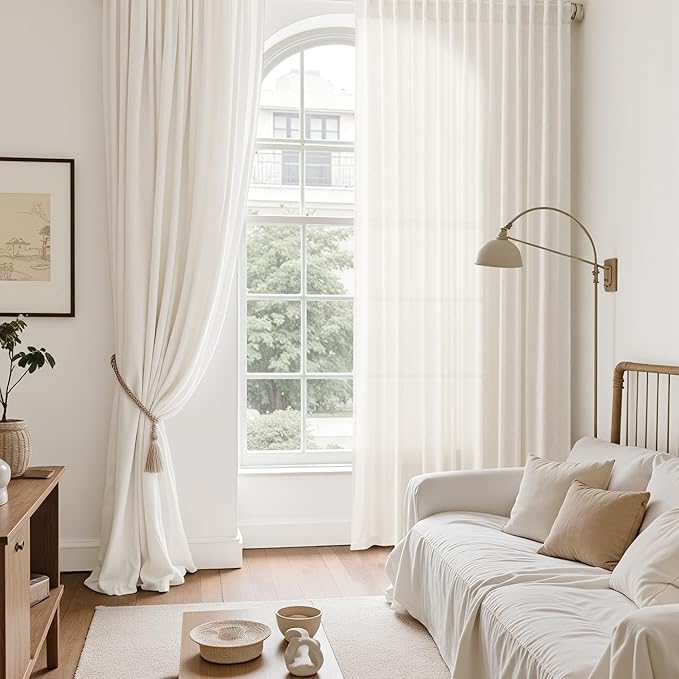 Nanspring Modern Linen Curtains for Living Room 80 Inches Long Light Filtering Semi Sheer Curtain Back Tab Neutral Luxury Modern Farmhouse Decor Linen Blend Drapes for Bedroom 52x80, 2 Panels