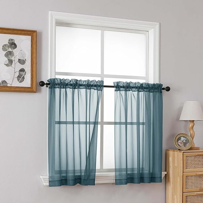 Dusty Blue Sheer Curtains Tier 30 Inches Length 2 Panels, Light Filtering Lightweight Soft Window Treatments Drapes, Cute Elegant Cafe Curtains for Nursery, Dual Rod Pocket, 2x42Wx30L Inches