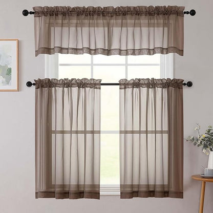 Chocolate Valances for Windows, Sheer Curtains 14 Inch Length 2 Pack Kitchen Curtain, Modern Solid Mini Small Window Curtains for Cafe Bathroom Basement, Chocolate, Each 42" Wx14 L Inches