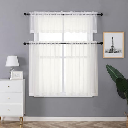 Chyhomenyc Ivory Sheer Curtains Tier 36 inch Length 2 Panels, Light Filtering Airy Rod Pocket Short Curtains Window Treatment for Small Windows/Bathroom/Cafe/Living Room/Farmhouse, 42x36 Inch