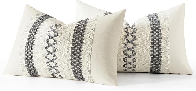 MIULEE Set of 2 Gray Boho Decorative Lumbar Pillow Covers 12x20 Inch Farmhouse Rustic Couch Throw Pillows Modern Cotton Cushion Covers Retro Cute Macrame Woven Spring Home Decor for Bed Sofa Chair