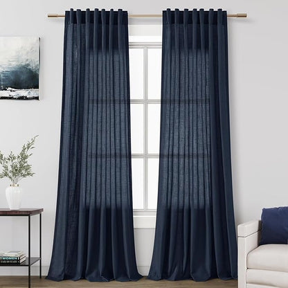 Nanspring Navy Blue Curtains 80 Inches Length for Living Room Back Tab Rod Pocket Semi Sheer Linen Drapes Muted Neutral Boho Indigo Blue Linen Textured Window Curtain for Dining Room 52X80 Inch