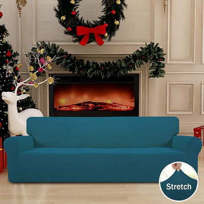 Easy-Going Stretch 4 Seater Sofa Slipcover 1-Piece Sofa Cover Furniture Protector Couch Soft with Elastic Bottom for Kids, Polyester Spandex Jacquard Fabric Small Checks Peacock Blue