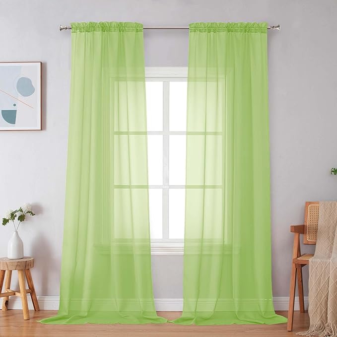 Simplebrand Lime Sheer Curtains 72 Inches Long 2 Panels for Living Room, Rod Pockets Airy Window Treatments Voile Sheer Black Curtains Panels Lightweight for Front Back Patio Glass Door, 42" Width