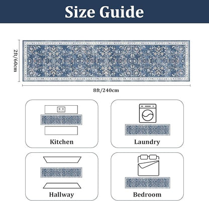 Yamaziot Washable Runner Rug 2x8 – Non Slip Boho Floral Hallway Runner Rug with Rubber Backing, Low Pile Wool Distressed Carpet for Kitchen, Laundry, Bedroom, Entrance, Blue