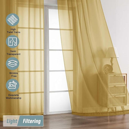 Gold Sheer Curtains 84 Inches Long 2 Panels, Elegant Airy Transparent Light Filtering Window Curtains, Window Drapes for Living Room Bedroom, Top Dual Rod Pocket Design, 2x42Wx84L Inches
