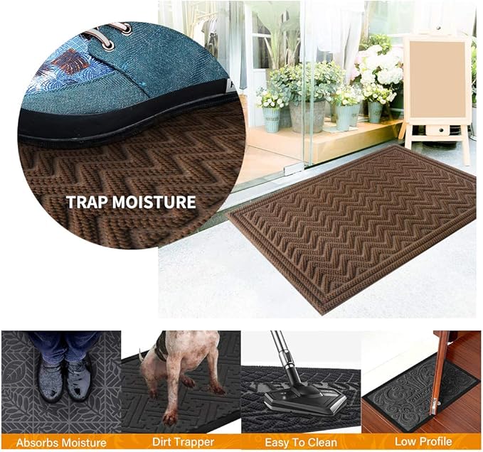 Mibao Front Door Mat, Dirt Trapper Welcome Mat for Outdoor Indoor, Non-Slip Waterproof Doormat, Durable Machine Washable Low Profile Entry Rug for Back Door Outside Patio, 35.5" x 24", Coffee Wave