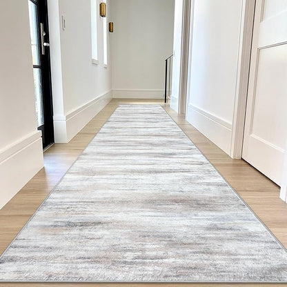 KOZYFLY Modern Abstract Kitchen Runner Rug, 2.6x12 Washable Rug Runner Non-Slip Soft Striped Hallway Runner Rugs, Beige Print Carpet Runner for Entryway Bathroom Laundry Room Foyer