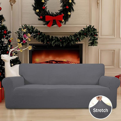 Easy-Going Stretch Sofa Slipcover 1-Piece Sofa Cover Furniture Protector Couch Soft with Elastic Bottom for Kids, Polyester Spandex Jacquard Fabric Small Checks (Sofa, Gray)