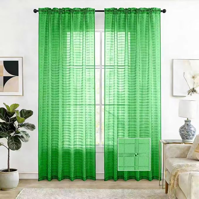 SpaceDresser Check Sheer Curtains 84 Inches 2 Panels Set, Rod Pocket Plaid Window Curtain for Living Room, Green Semi Sheer Drapes for Kitchen Bedroom Children Room Yard（Green, 52W x 84L）