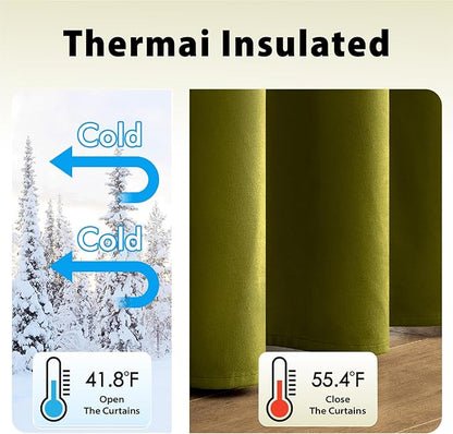 MIULEE Velvet Curtains Olive Elegant Grommet Thermal Insulated Soundproof Green Room Darkening Curtains/Drapes for Classical Living Room Bedroom Decor 52 x 84 Inch Set of 2