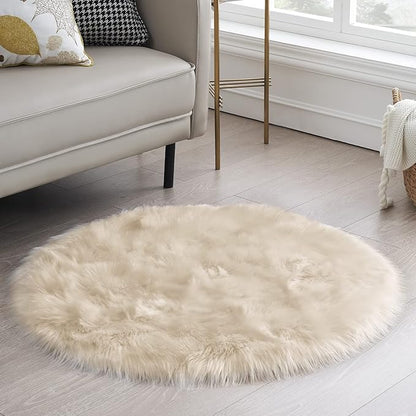 Ciicool Beige Fluffy Round Fur Area Rug for Circle Faux Fur Rugs for Kids Room, Cute Fuzzy Nursery Rug, Shaggy Circular Rugs Floor Carpets for Teens Girls Rooms Home Decor, 4 x 4 Feet