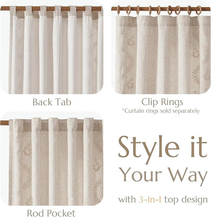 jinchan Belrose Lined Linen Blend Curtains Boho Floral Curtains for Bedroom 63 Inch Length Ivory Embroidered Drapes Rod Pocket Farmhouse Flower Drapes for Living Room Window Treatments Set 2 Panels