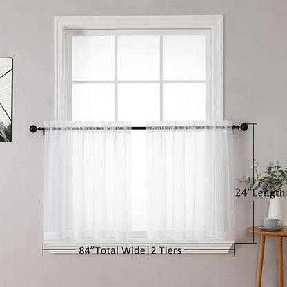 Chyhomenyc Sheer White Tier Curtains 24 Inch Length Set, Small Window Curtains Treatment for Bathroom/Living Room/Cafe/Basement, Short Voile Curtain Tiers 42in x 24in, Rod Pocket, 2 PCS