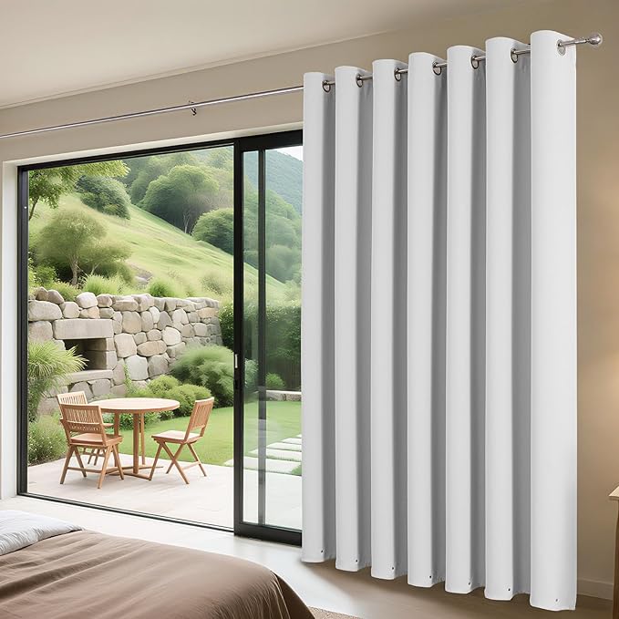 Joydeco Blackout Patio Sliding Door Curtains 108 Inches Long, Grommet Privacy Room Divider Curtains, Extra Wide Thermal Blackout Drapes for Bedroom Living Room (Greyish White, 60Wx108L, 1 Panel)