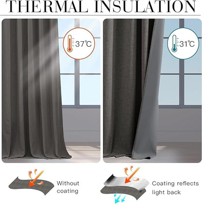 RYB HOME Grey Linen 100% Blackout Curtains for Bedroom 120 inch Long 52 inch Width, Extra Long Drapes Thermal Insulated&Privacy Assurd for Sliding Glass Doors/Dining, Back Tab&Rod Pocket, 2 Panels