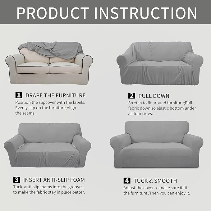 Easy-Going Stretch Oversized Loveseat Slipcover 1-Piece Sofa Cover Furniture Protector Couch Soft with Elastic Bottom for Kids Polyester Spandex Jacquard Fabric Small Checks Light Gray