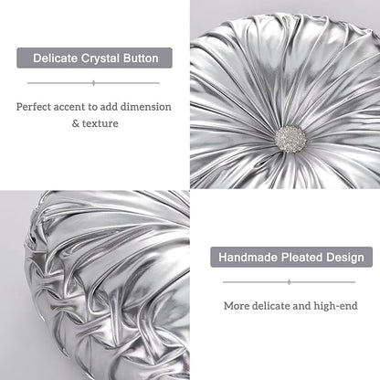 HIG Set of 2 Handcrafted Silver Ruched Round Throw Pillows – 14.5’’ Metallic Leather Decorative Pillows with Soft Polyester Filling for Couch, Bed, Living Room, Bedroom, or Dorm