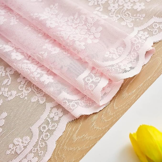 YJ YANJUN Vintage Lace Curtains Cute Pink Floral Cafe Curtains 45 inch Length 2 Panels Short Sheer Drapes for Kitchen Bathroom Laundry Room Girl Nursery Room Décor Rod Pocket 52" W x 45" L Baby Pink