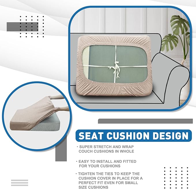 XINEAGE Large Couch Cushion Covers Seat Cushion Cover Thick Stretch Sofa Slipcovers 1 Piece Individual Couch Covers with Elastic Bottom(Single XL Seat Cushion/Backrest,Khaki)