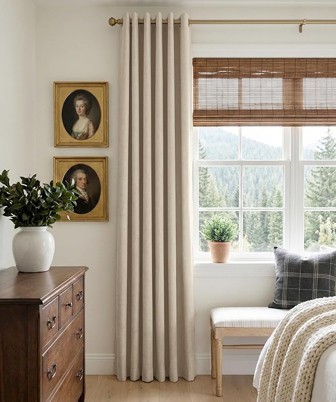 100% Blackout Shield Linen Blackout Curtains for Bedroom, Natural Flax Grommet Curtains for Living Room, Thermal Insulated Room Darkening Drapes for Nursery, Boho Home Decor, 50" W x 108" L, 2 Panels