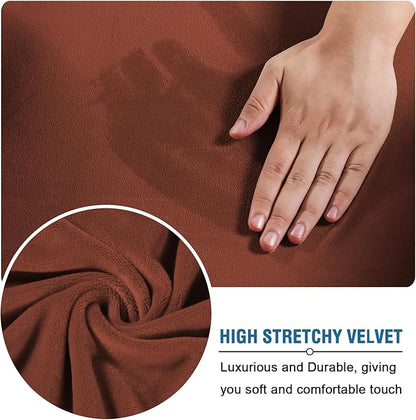 H.VERSAILTEX Real Velvet Plush 3 Piece Stretch Sofa Covers Couch Covers for 2 Cushion Couch Loveseat Covers (Base Cover Plus 2 Individual Cushion Covers) Thick Stay in Place (Medium Sofa, Rust)