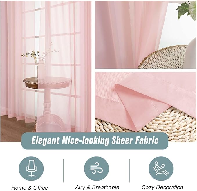 Blush Pink Sheer Curtains 90 Inches Long 2 Panels, Light Filtering Solid Sheer Curtains for Bedroom Living Room, Lightweight Soft Airy Voile Sheer Drapes, Dual Rod Pocket, 2x42Wx90L Inches