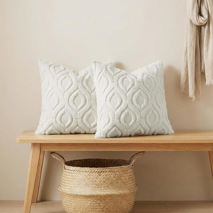 decorUhome Throw Pillow Covers 22x22 Inch Set of 2, Soft Plush Faux Wool Cream White Solid Couch Pillow Covers, Accent Euro Sham Farmhouse Neutral Square Pillow Cases for Sofa Bed Living Room