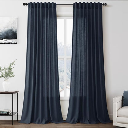 Nanspring Vintage Blue Linen Curtains 102 Inches Long Rod Pocket Back Tab Drapes 2 Panels Set for Living Room Light Filtering Semi Sheer Vintage Blue Curtain 102 Length for Patio Door Bedroom 52x102