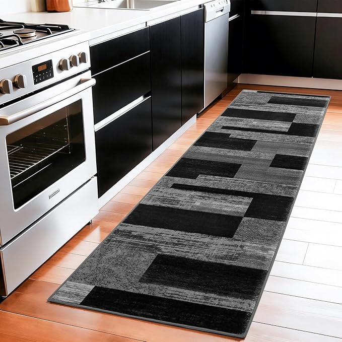 LIANLAM 2x6 Washable Runner Rug for Hallway&Kitchen,Non-Slip Long Carpet with Vintage Checkered Design,Ultra-Thin Low Pile,Stain Resistant Easy Clean Floor Mat for High Traffic Areas(2x6,Gray)