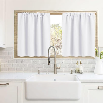 RYB HOME Cafe Curtains 24 inch Length, RV Curtains for Camper Windows, Mini Short Small Insulating Light UV Heat Blocking Privacy Half Window Tiers, Width 42 by Length 24, Pure White, 2 Panels