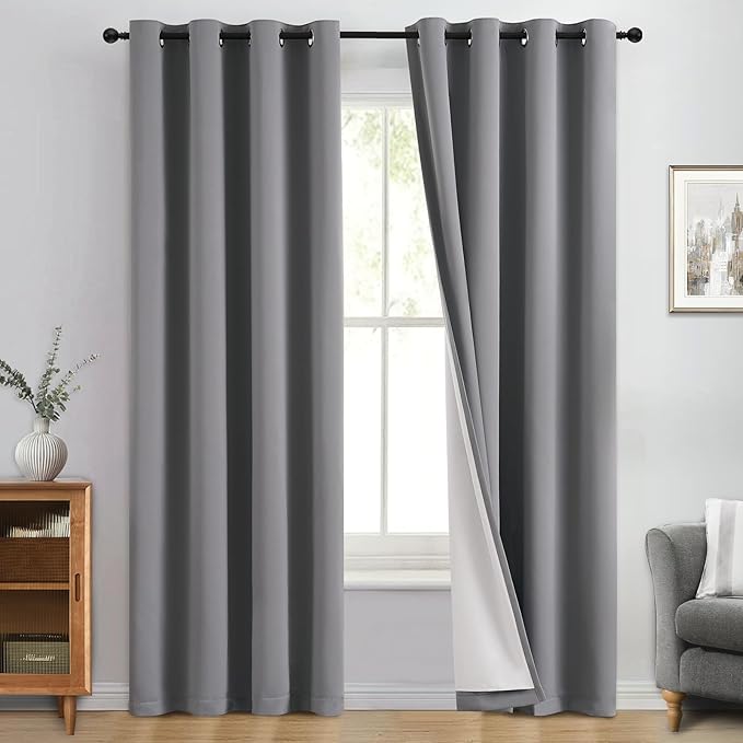 Yakamok 100% Blackout Curtain Panels 96 inches Cold and Light Blocking Drapes for Nursery, 2 Thick Layers Thermal Insulated Draperies (2 Pieces, 50 Wide Each Panel, Grey Front with White Backing)