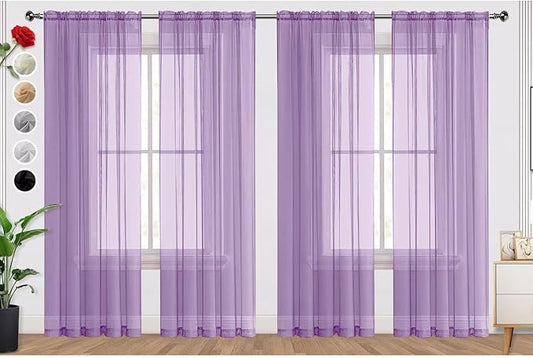 SpaceDresser Lavender Sheer Curtains 4 Panels Rod Pocket Semi-Sheer Curtain 90 Inches Long Light Filtering Voile Window Drapes for Bedroom Living Room Kitchen, Each 52W x 90L