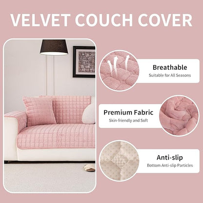 Velvet Couch Cover, Washable Sectional Sofa Cover, Anti Slip Sofa Slipcover for 3 Cushion Couch Sofa L Shaped Armrest Backrest, Furniture Protector Covers for Pets Kids(1PC,Pink,36"×47")