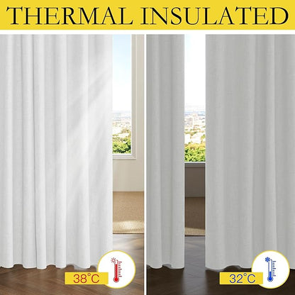 NICETOWN 100% Absolutely Blackout Linen Curtains with Thermal Insulated Liner, Greyish White, 62" Wide, 108" Length Energy Saving Curtains for Living Room 2 Panels Set, Vertical Blinds