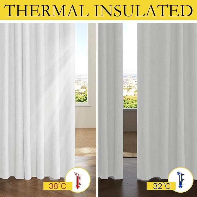 NICETOWN 100% Absolutely Blackout Linen Curtains with Thermal Insulated Liner, Greyish White, 62" Wide, 120" Length Energy Saving Curtains for Living Room 2 Panels Set, Vertical Blinds