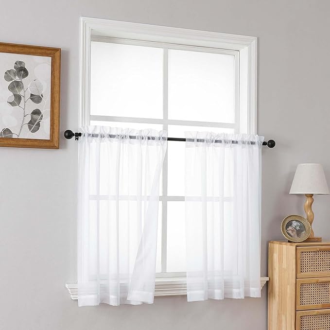 White Small Sheer Curtains Tier 30 Inches Length 2 Pieces, Light Filtering Cafe Curtains Sheers for Living Room Bathroom, Modern Window Treatments Dual Rod Pocket Panels, 2X42Wx30L Inches