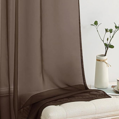MIULEE Short Chocolate Brown Sheer Curtains 54 Inches Long, Light Filtering Voile Drapes with Rod Pocket for Bathroom Windows, Small Window Treatments, 2 Panels Set
