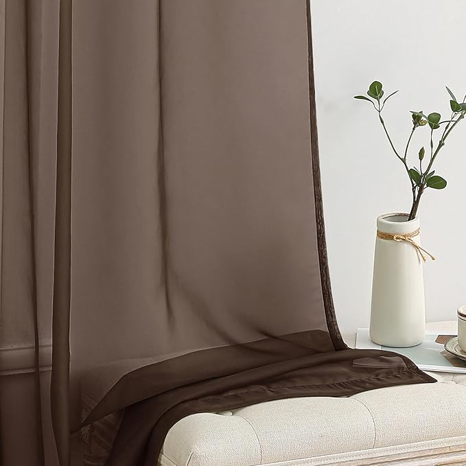 MIULEE Chocolate Brown Sheer Curtains 90 Inches Long 2 Panels, Light Filtering Voile Drapes with Rod Pocket for Bedroom and Living Room Windows