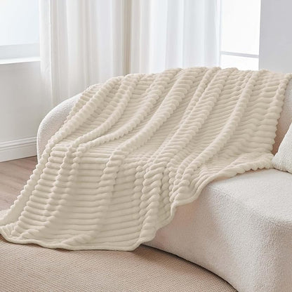 BEDELITE Fleece Throw Blanket for Couch - 300GSM Soft & Warm Fluffy Beige Blanket, Decorative and Giftable Striped Blankets for Women, Men, 50"x70"