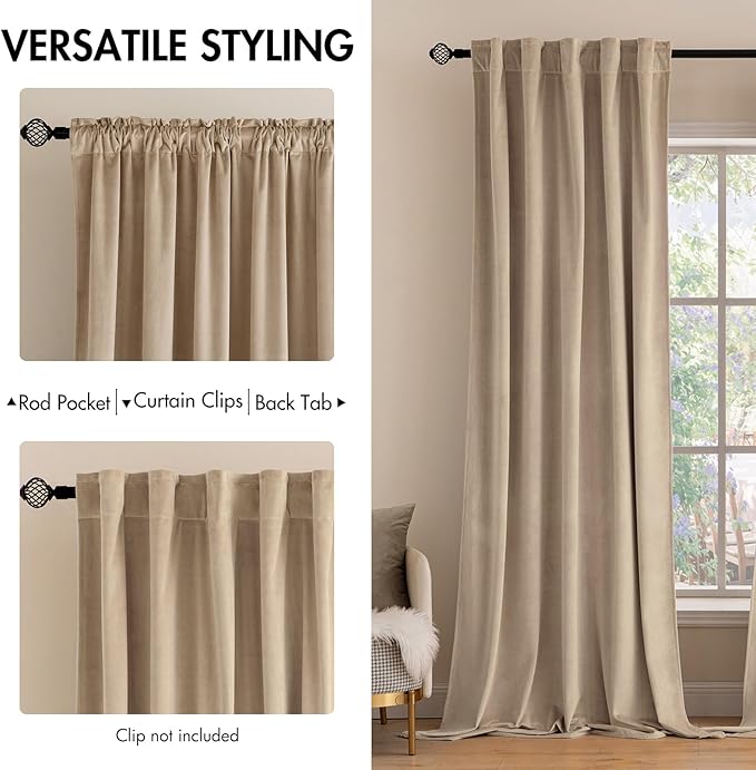 MIULEE Velvet Curtains 84 inches 2 Panels - Luxury Blackout Curtains for Bedroom Living Room Thermal Insulated Super Soft Window Drapes Rod Pocket & Back Tab, Camel Beige, W52 x L84 inches