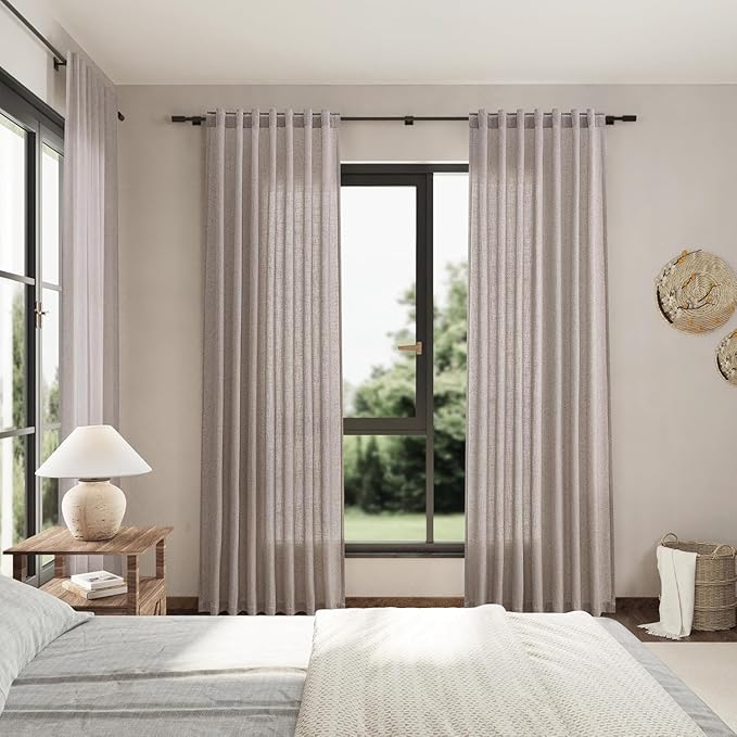 Nanspring Brownish Grey Linen Curtains for Living Room 110 Inches Long Back Tab Light Filtering Semi Sheer Curtain Modern Farmhouse Decor for Bedroom Office Luxury Textured Drapes 52x110, 2 Panels