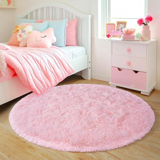 3'x3' Round Pink Rugs for Girls Bedroom, Ultra Soft Fluffy Circle Rug for Kids Room, Cute Small Shag Rugs for Living Room Playroom Tent Castle Home Decor Rug