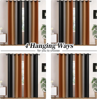 Yakamok Blackout Ombre Burnt Orange and Black Curtains-Gradient Room Darkening Curtain, Grommet Thermal Insulated Light Blocking Window Drapes Curtain for Living Room Bedroom,52 x 54 Inch,2 Panels