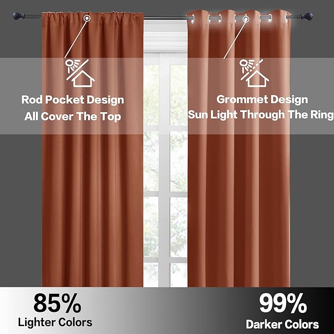 RYB HOME Short Blackout Curtains for Bedroom, Room Darkening Insulated Summer Heat Light UV Blocking Energy Saving Drapes for Nursery, Width 34 by Length 45, Burnt Orange, Set of 2