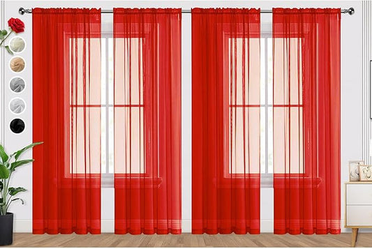 SpaceDresser Sheer Red Curtains 4 Panels Rod Pocket Semi-Sheer Curtain 90 Inches Long Light Filtering Voile Window Drapes for Bedroom Living Room Kitchen, Each 52W x 90L